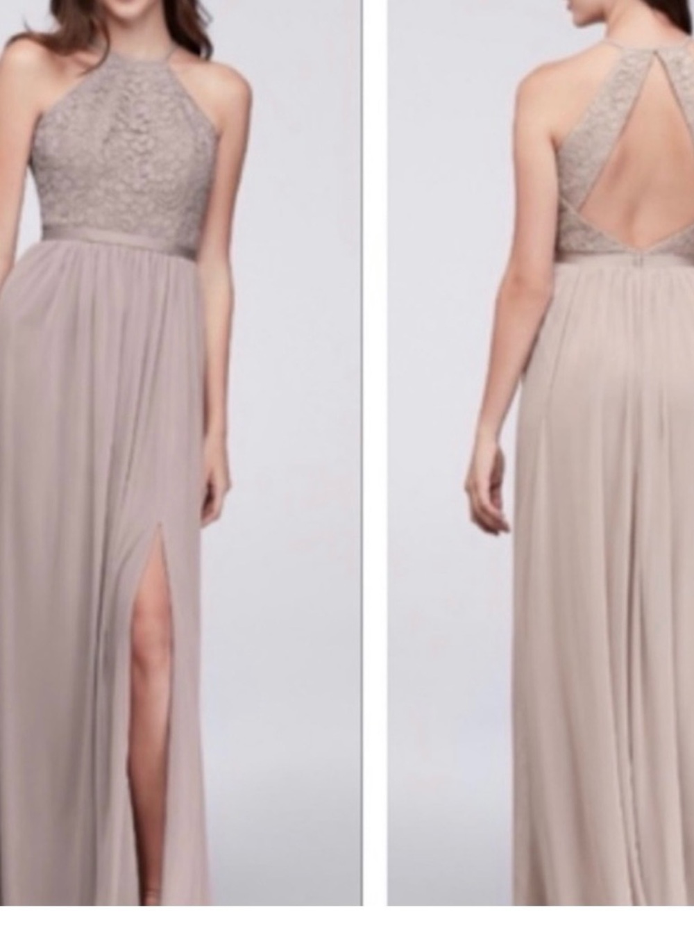 David's Bridal Taupe Lace Halter Chiffon Maxi Dress